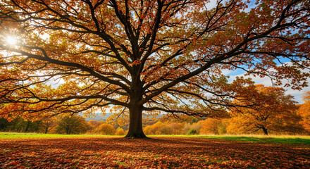 Fototapeta premium Large oak tree with golden autumn leaves, sunny sky background, fallen leaves carpet the ground. Showcases autumnal beauty and tranquility