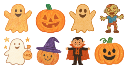 PNG Colorful Halloween cartoon characters, element set on transparent background
