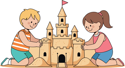 Children building elaborate sandcastle on beach, summer fun activity, creative outdoor play, teamwork, vacation scene, happy kids enjoying holiday