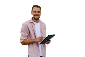 Man smiling using digital tablet, pointing finger on screen, showing online content, standing, transparent background