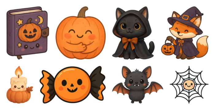 PNG Cute Halloween cartoon characters collection, element set on transparent background