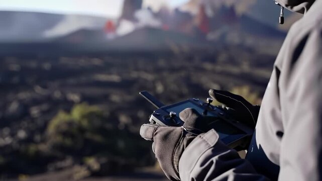 Adult person pilots a drone with a remote controller over a volcanic landscape, observing a fiery eruption with lava flows under clear daylight.