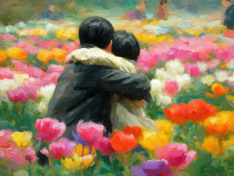 Couple embracing in a vibrant flower field surrounded by blooming tulips in various colors under a soft, dreamy atmosphere creating a romantic setting outdoors. - Powered by Adobe