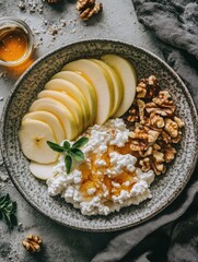 Fresh cottage cheese with apple slices and walnuts on a rustic plate garnished with honey and herbs at a cozy breakfast setting