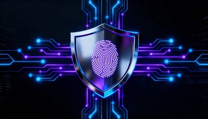 shield icon with a fingerprint in the center, biometric security system interface, glowing circuits, cyber protection, dark theme, privacy technology