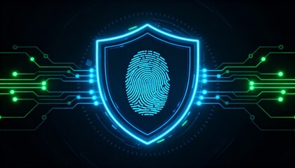 shield icon with a fingerprint in the center, biometric security system interface, glowing circuits, cyber protection, dark theme, privacy technology