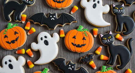 Halloween-themed sugar cookies: pumpkins, ghosts, bats, and black cats arranged on a gray wood background Candy corn scattered among cookies Festive treat for Halloween celebrations