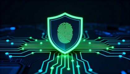 shield icon with a fingerprint in the center, biometric security system interface, glowing circuits, cyber protection, dark theme, privacy technology
