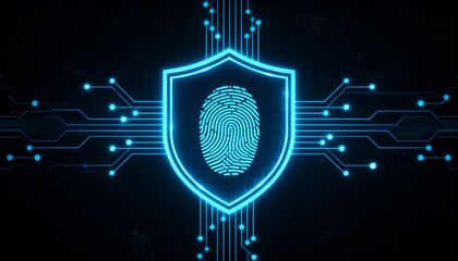 shield icon with a fingerprint in the center, biometric security system interface, glowing circuits, cyber protection, dark theme, privacy technology