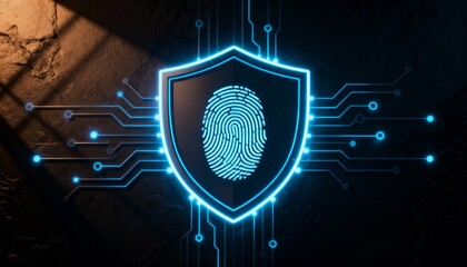 shield icon with a fingerprint in the center, biometric security system interface, glowing circuits, cyber protection, dark theme, privacy technology