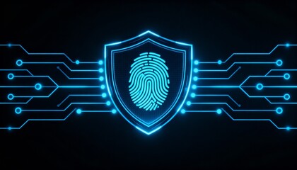 shield icon with a fingerprint in the center, biometric security system interface, glowing circuits, cyber protection, dark theme, privacy technology