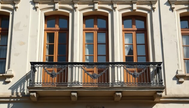 Weathered building exterior features ornate wooden balconies with intricate iron railings. Classic European architecture, vintage detail, elegant window frames create timeless facade. Structure