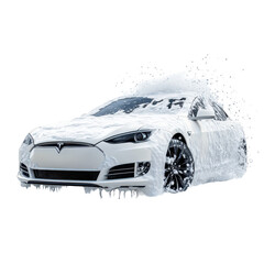 A white car being foam washed, A white car in the process of being foam washed, surrounded by a cloud of suds and bubbles in a car wash, isolated on transparent background