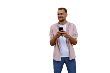 Happy man using phone, smiling and looking away, enjoying mobile app experience on transparent background