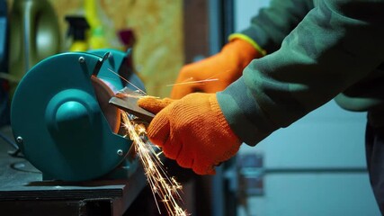 Worker carefully grinds metal with a bench grinder creating sparks in a workshop environment showing craftsmanship and industrial work