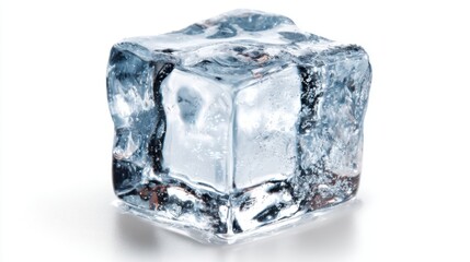 Fototapeta premium Single clear ice cube sits on a smooth white surface, showcasing its transparency and reflections. Bright light creates glimmers on the ice, highlighting its form and texture.