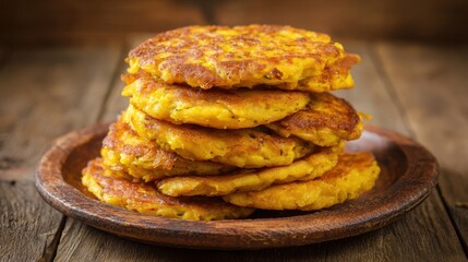 Golden corn fritters are neatly stacked on a rustic wooden plate, showcasing their crispy texture and inviting look. The warm kitchen ambiance enhances their appetizing appearance and homemade charm.
