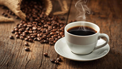 Fototapeta premium A steaming cup of black coffee in a classic white ceramic cup with saucer, placed on rustic wooden table