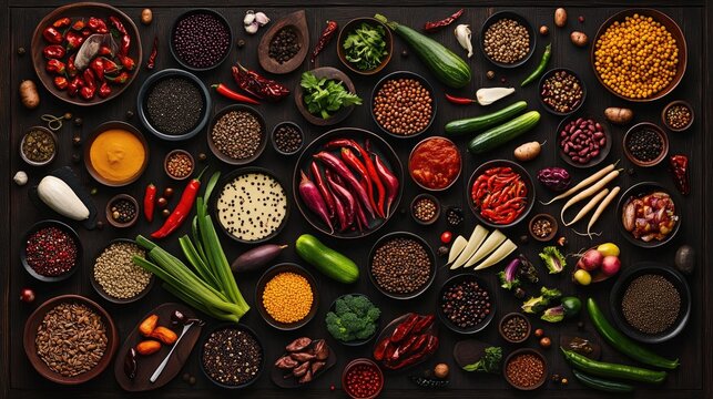 Variety of spices vegetables and legumes - Powered by Adobe