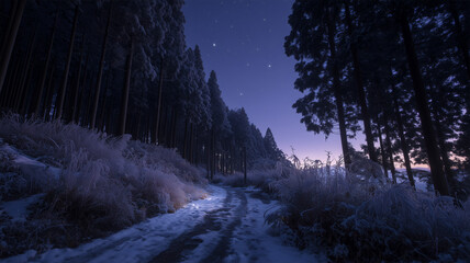 未明の青に包まれた雪の森の静かな小道風景
