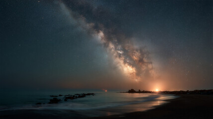 海岸の星空に立ち上がる天の川