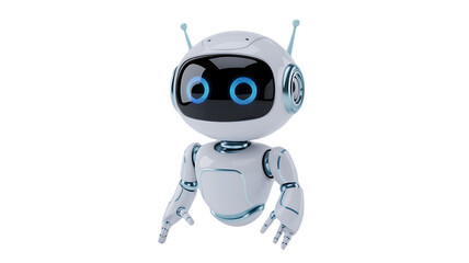 Friendly futuristic robot assistant with bright blue eyes looking ahead, ready to help you with tasks