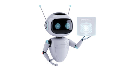 Friendly data science robot presents data stream solutions for modern tech companies and innovation projects