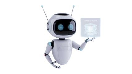 Friendly data science robot presents data stream solutions for modern tech companies and innovation projects