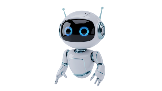 Friendly futuristic robot assistant with bright blue eyes looking ahead, ready to help you with tasks
