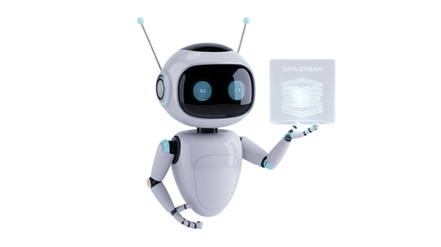 Friendly data science robot presents data stream solutions for modern tech companies and innovation projects