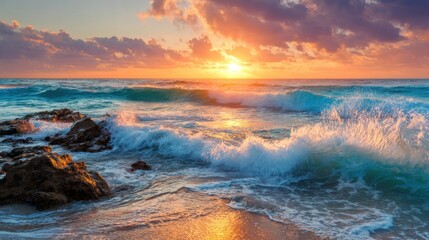 Fototapeta premium Vibrant colors fill the sky as the sun sets over the ocean. Waves crash against rocks, creating a peaceful atmosphere at dusk by the beach.