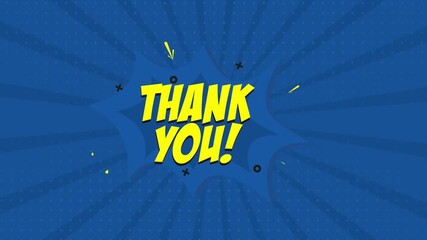 Bold thank you message in yellow on a blue comic book style background expressing gratitude and appreciation to viewers and supporters