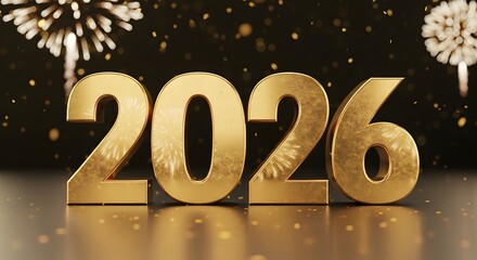 Golden 2026 numbers with fireworks and confetti, new year celebration