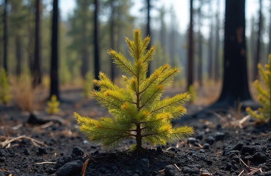 Young pine tree sapling shows new life, growing in ash-covered landscape after wildfire. Conifer regrowth signifies hope, resilience, and nature renewal in burned forest environment. Evergreen growth.