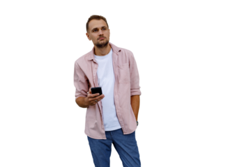 Young man holding smartphone, looking up, thinking and contemplating new ideas, transparent background
