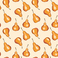 Seamless pattern with pear on color background. Natural delicious fresh ripe tasty fruit. Sweet pears with leaves. Food concept. Vector illustration for print, fabric, textile.