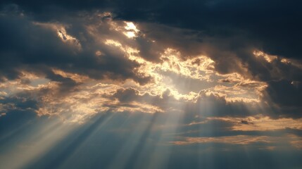 Dark clouds dominate the sky, while bright rays of sunlight filter through, creating a stunning contrast. This beautiful spectacle occurs in the late afternoon.