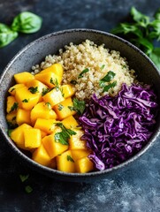 Colorful quinoa bowl with mango and purple cabbage served in a dark bowl on a rustic table with fresh herbs surrounding