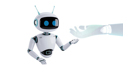 Friendly robot reaching out to a helping hand offering assistance with AI and technology solutions
