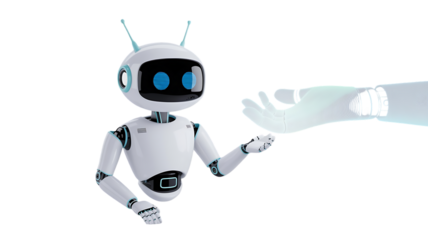 Friendly robot reaching out to a helping hand offering assistance with AI and technology solutions
