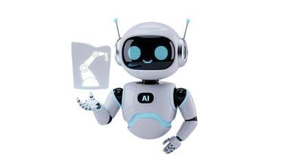 Friendly AI robot holds holographic manufacturing arm, showcasing future technology solutions