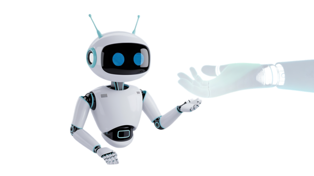 Friendly robot reaching out to a helping hand offering assistance with AI and technology solutions