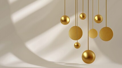 Golden spheres suspended in a minimalist setting, casting soft shadows on a light background, creating an elegant and modern atmosphere with artistic appeal