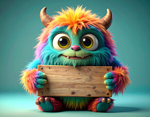 A fluffy, gentle monster character holding a blank wooden sign, on a soft teal background.