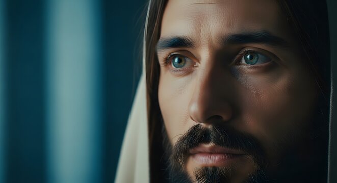 Close up portrait of jesus christ with blue eyes and beard, looking thoughtfully