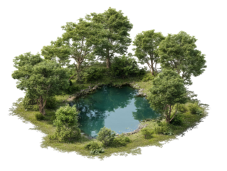 PNG of A serene natural pond surrounded by lush greenery, creating a peaceful oasis in the heart of the forest.