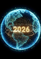 new year 2026 AI- Digital earth with glowing connections and the year 2026 displayed prominently