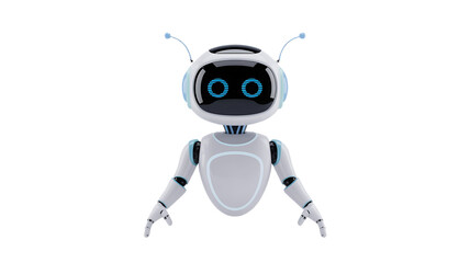 Friendly futuristic robot character with glowing eyes offers a helping hand, AI assistance concept