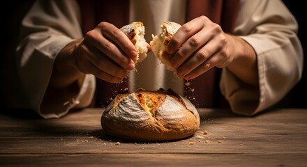 Jesus breaking bread during the last supper, symbolizing communion and sacrifice