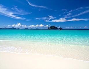 Obraz premium A tranquil tropical beach scene showcases a vibrant turquoise ocean meeting pristine white sand, with small islands and a gentle boat in the distance under a vast, cloud-filled blue sky.